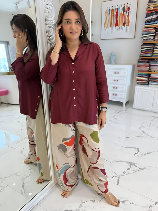 BURGUNDY TOP WITH PRINTED STYLISH PANTS
