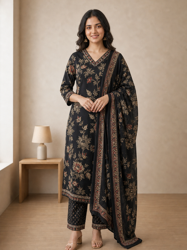 Black Pure Cotton Kurta and Pants with Dupatta