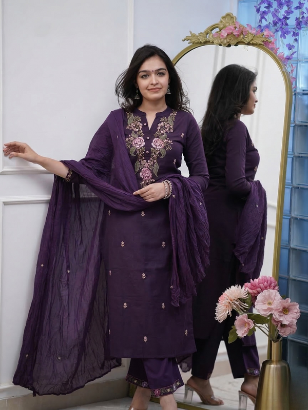Purple Embroidered Cotton Kurta Set with Pant & Dupatta
