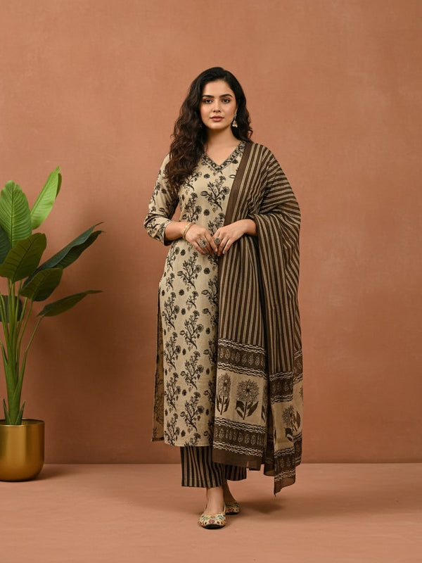 Brown Pure Cotton Kurta Set For Women