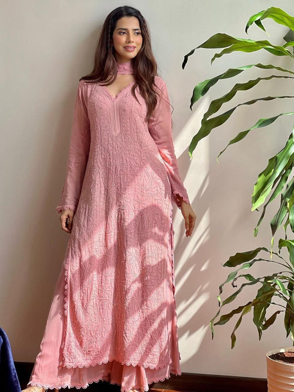 Pastel Pink Georgette Kurta Set with Pant & Dupatta for Women