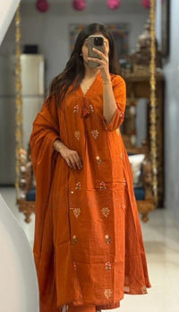 Orange Pure Cotton Kurta and Pants with Dupatta
