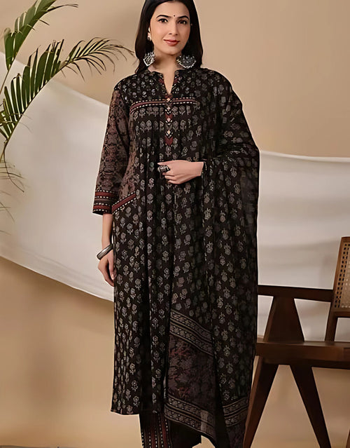 Black Pure Cotton Kurta with Pant & Dupatta Set For Women
