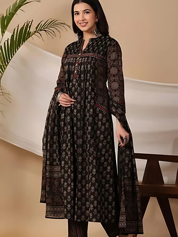 Black Pure Cotton Kurta with Pant & Dupatta Set For Women