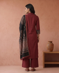 Maroon Pure Cotton Kurta with Pant & Dupatta Set For Women
