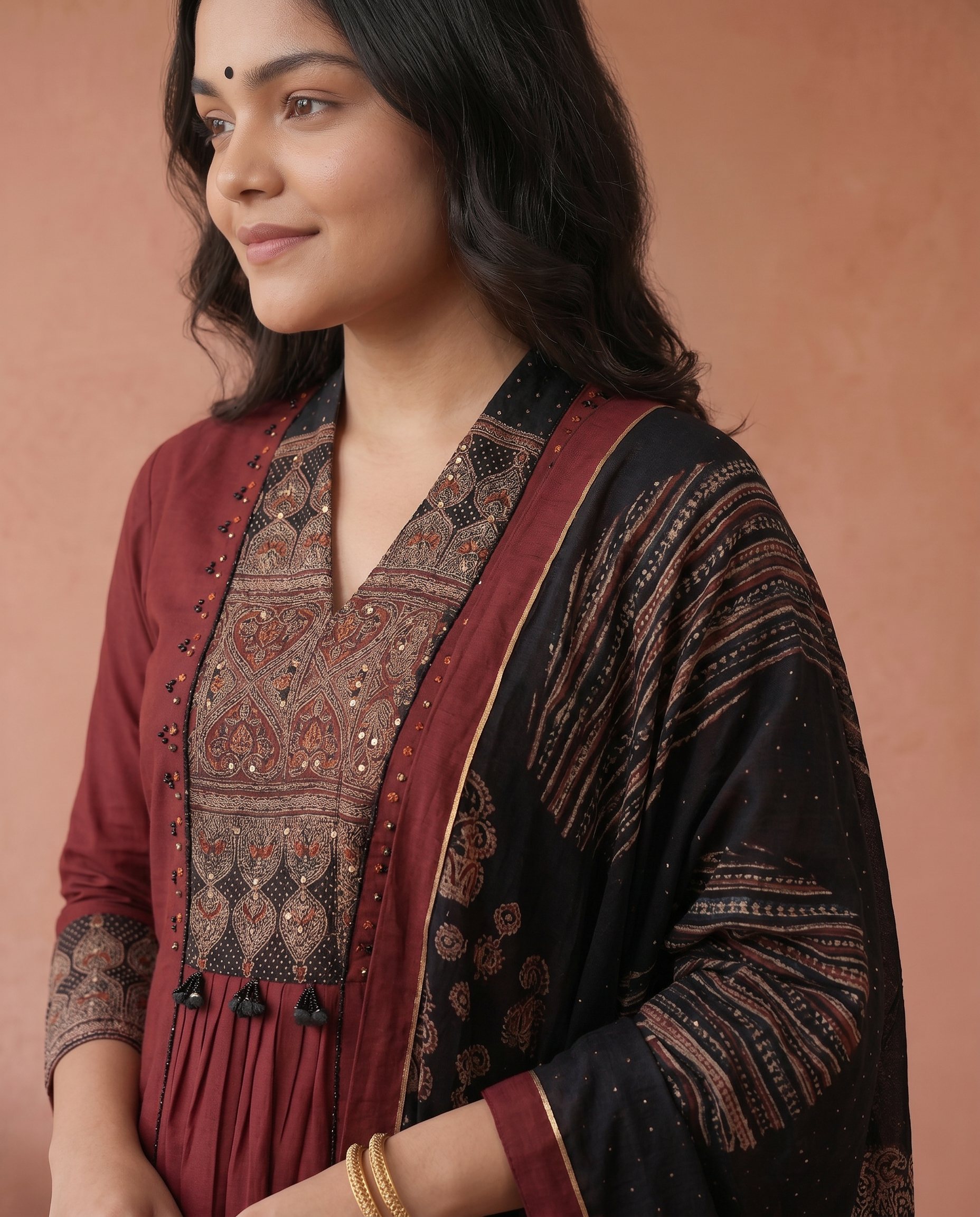Maroon Pure Cotton Kurta with Pant & Dupatta Set For Women