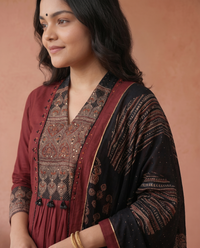 Maroon Pure Cotton Kurta with Pant & Dupatta Set For Women