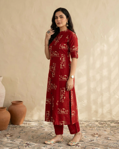 Black Cotton Kurta with Pant & Dupatta Set For Women