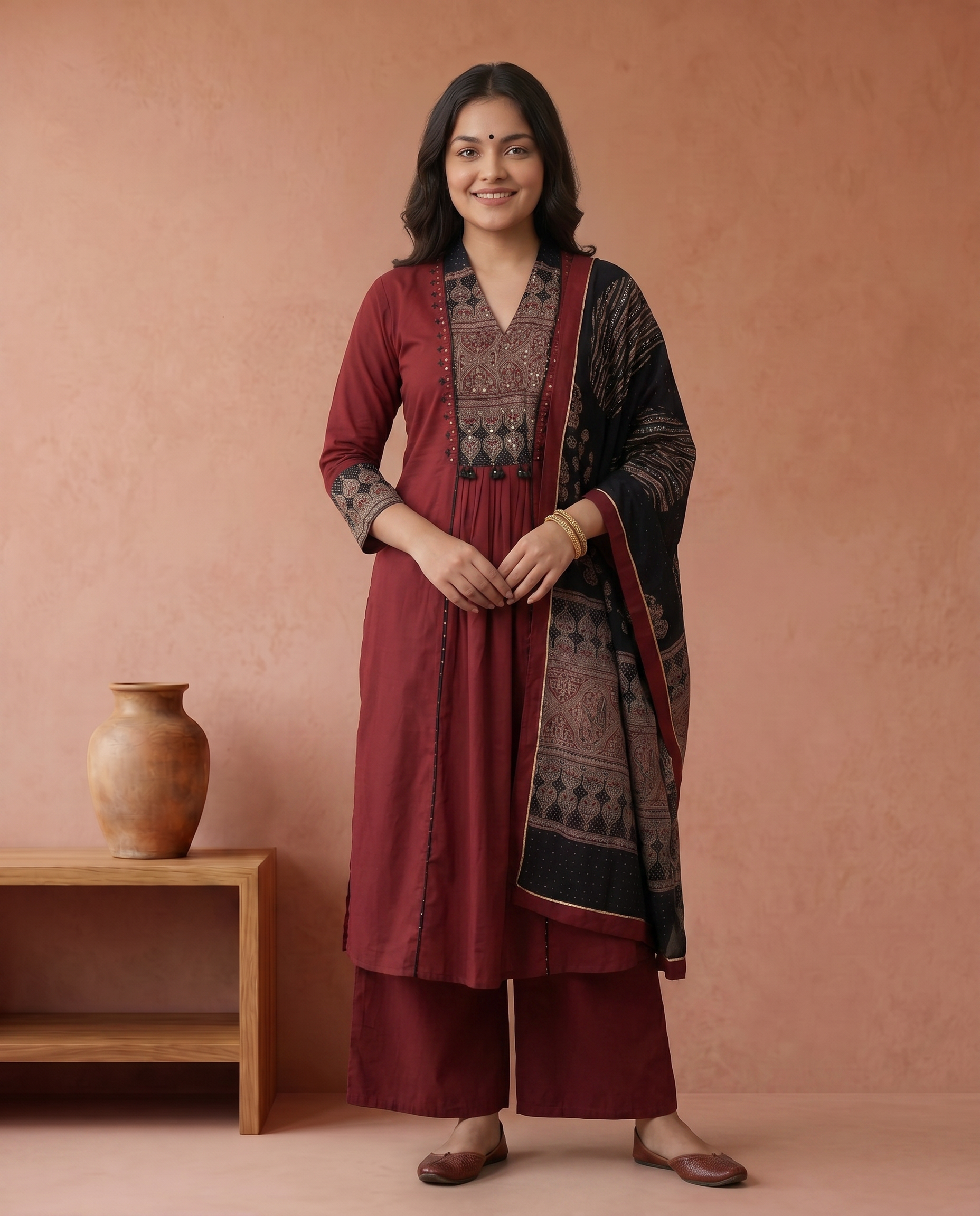 Maroon Pure Cotton Kurta with Pant & Dupatta Set For Women