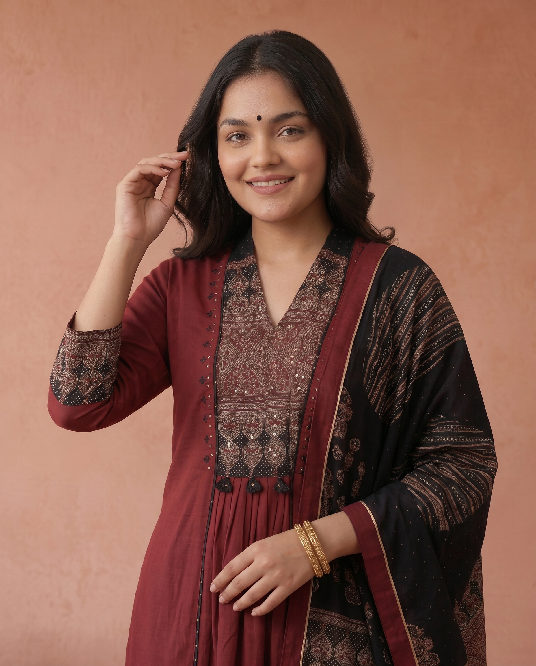 Maroon Pure Cotton Kurta with Pant & Dupatta Set For Women