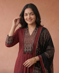 Maroon Pure Cotton Kurta with Pant & Dupatta Set For Women