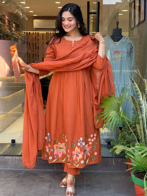 Orange Cotton Kurta Set with Pant & Dupatta for Women