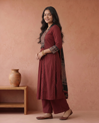 Maroon Pure Cotton Kurta with Pant & Dupatta Set For Women