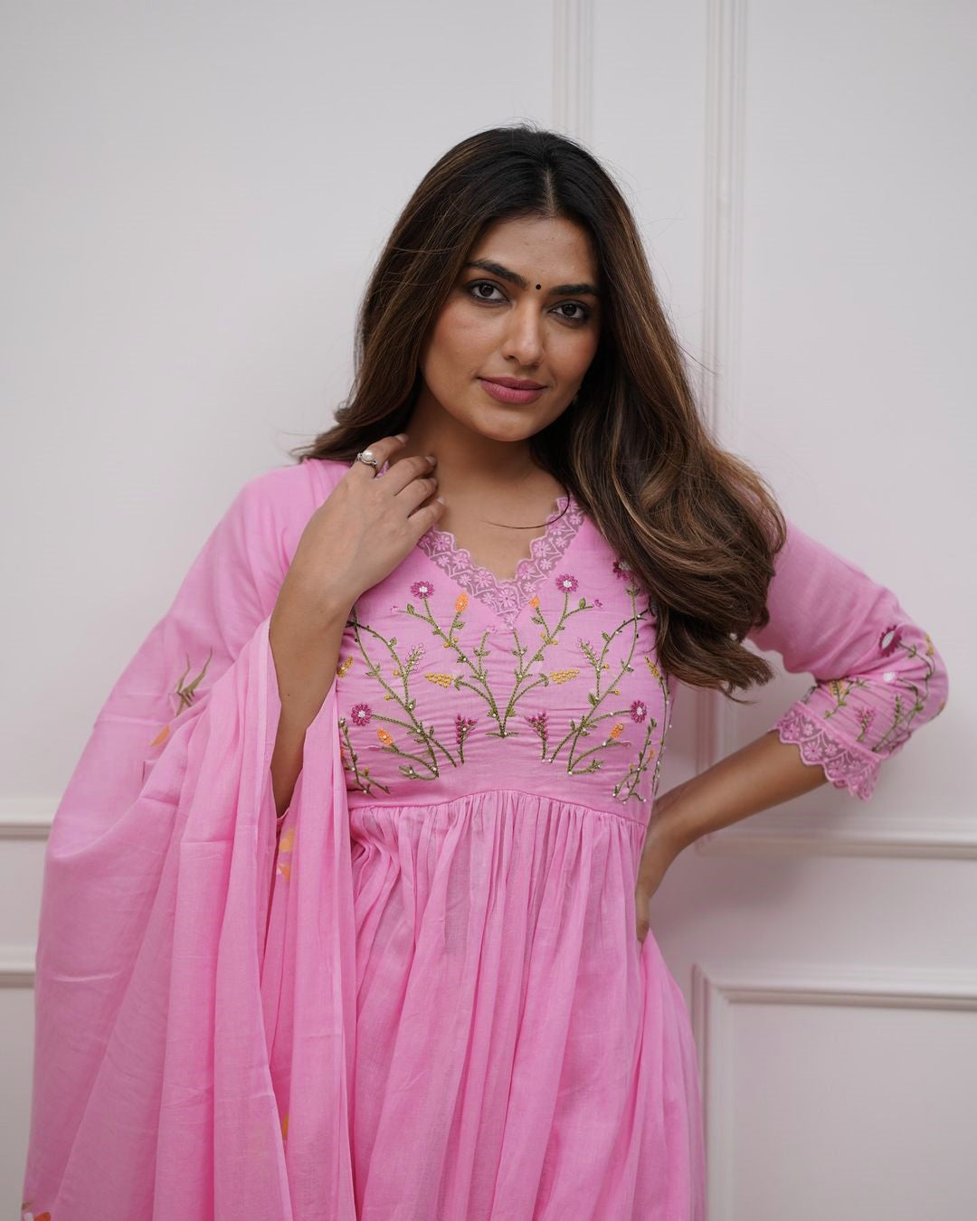 Pink Pure Cotton Kurta and Pants with Dupatta
