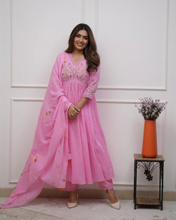 Pink Pure Cotton Kurta and Pants with Dupatta