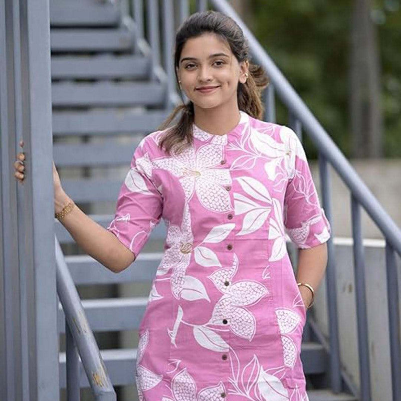 Pink Floral Cotton Kurta Set with Palazzo Pants for Women