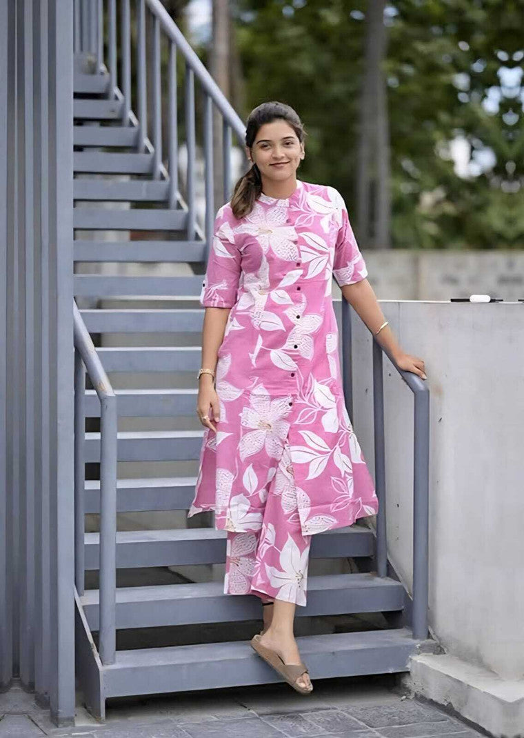 Pink Floral Cotton Kurta Set with Palazzo Pants for Women
