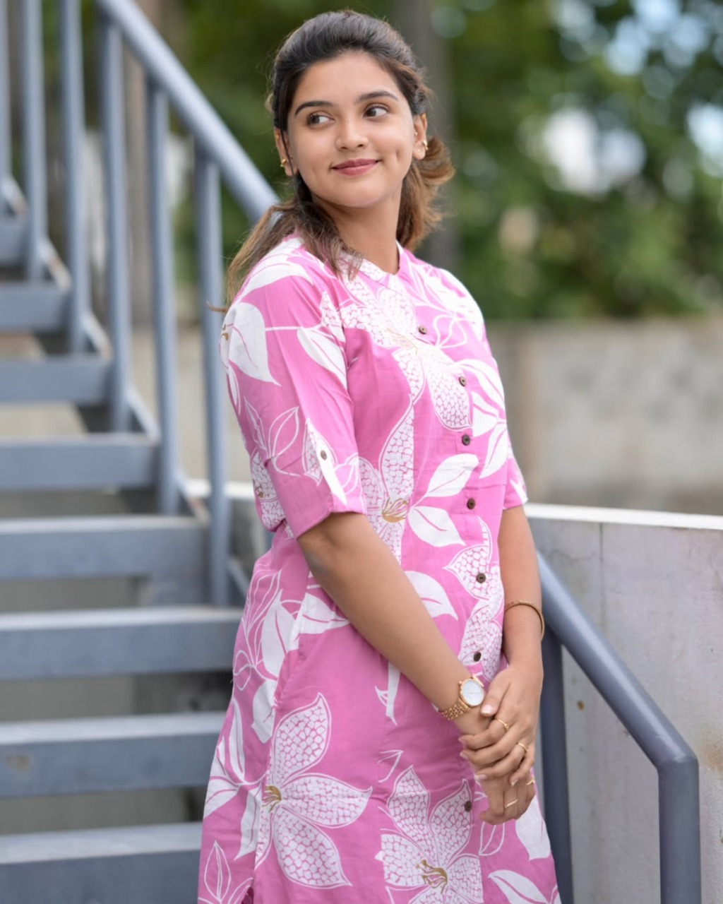 Pink Floral Cotton Kurta Set with Palazzo Pants for Women