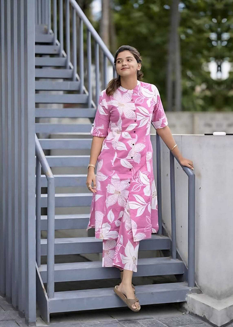 Pink Floral Cotton Kurta Set with Palazzo Pants for Women