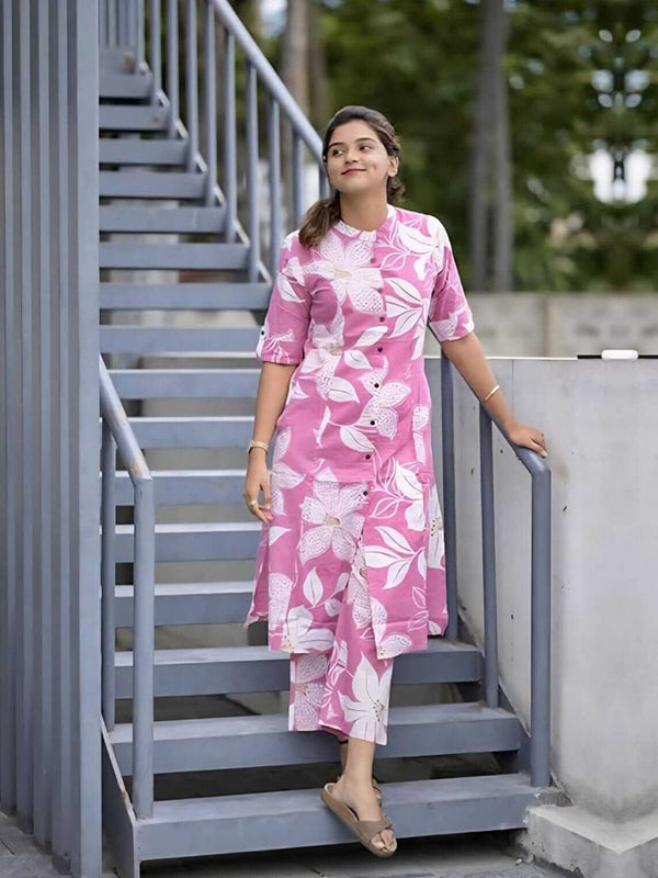 Pink Floral Cotton Kurta Set with Palazzo Pants for Women