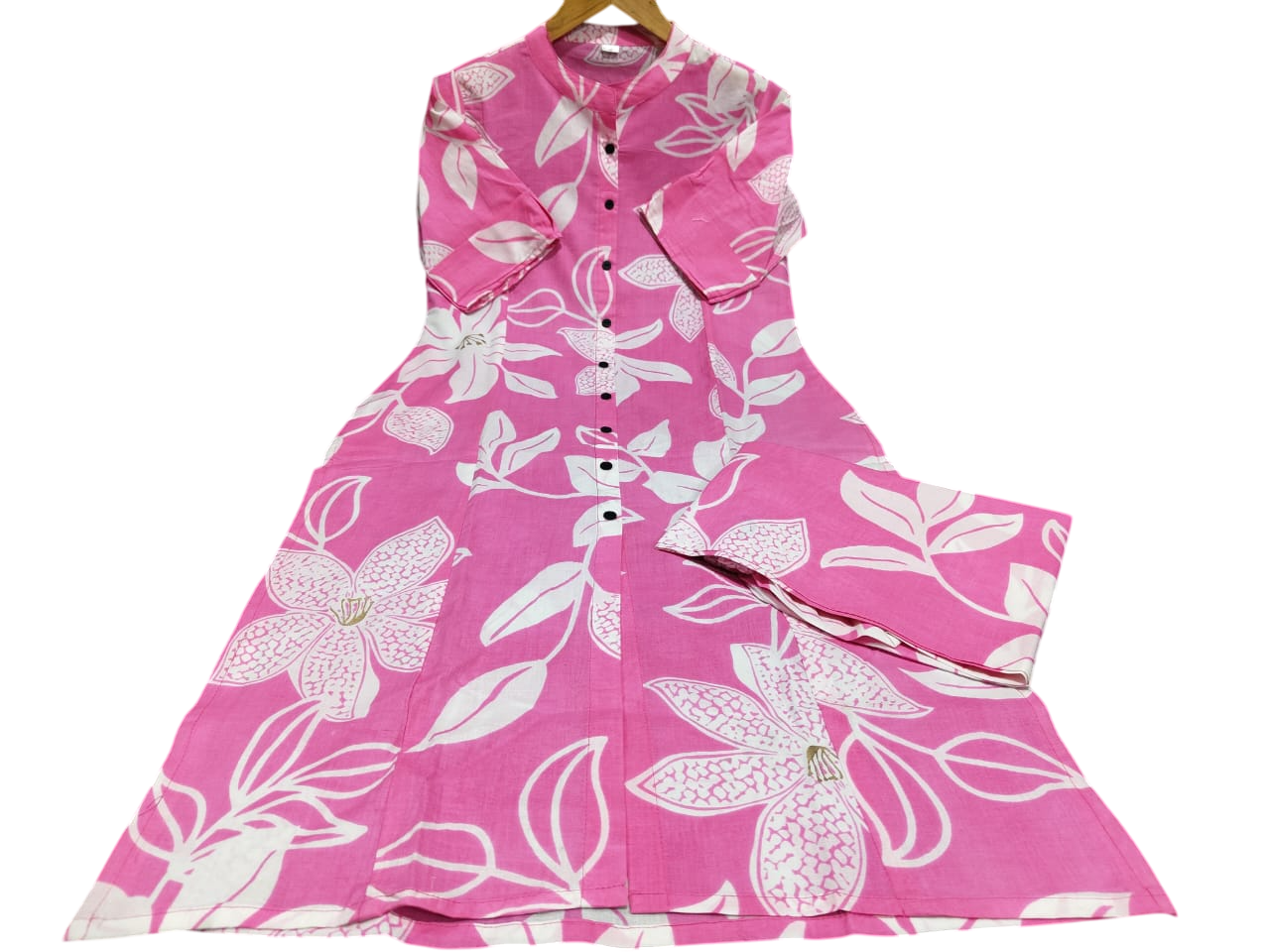 Pink Floral Cotton Kurta Set with Palazzo Pants for Women