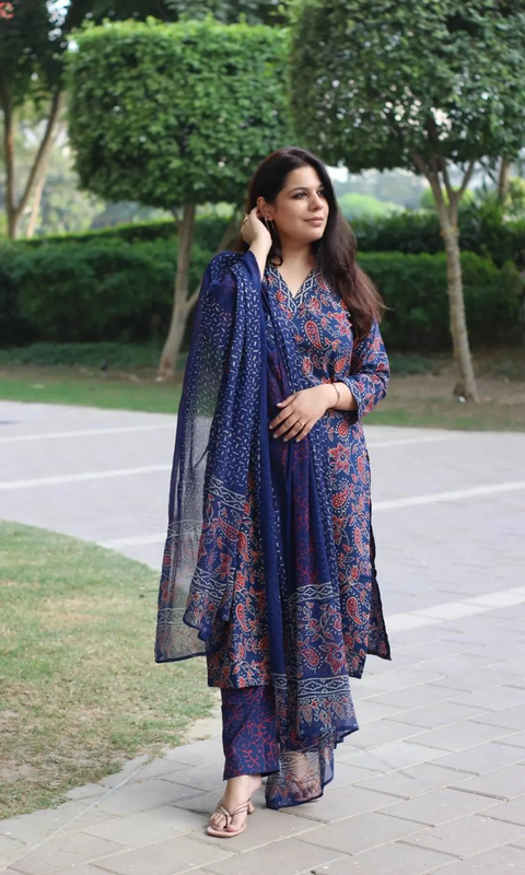 Dark Blue Cotton Printed Kurta With Pant & Dupatta Set