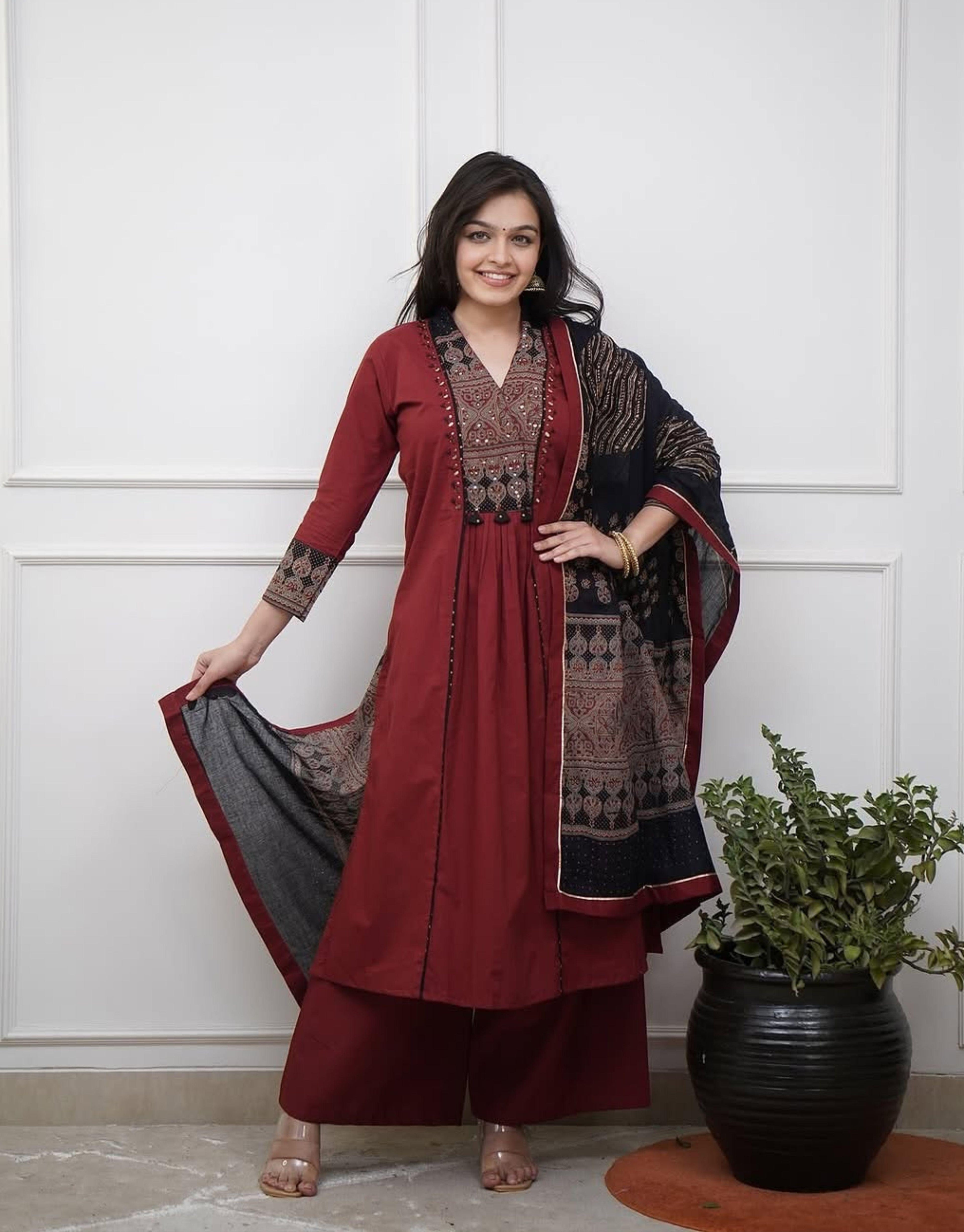 Maroon Pure Cotton Kurta with Pant & Dupatta Set For Women
