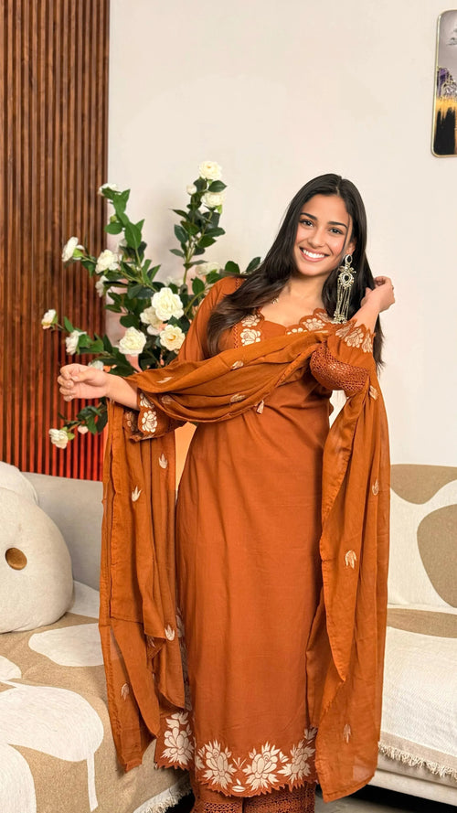 Brown Cotton Anarkali Kurta Set for Women