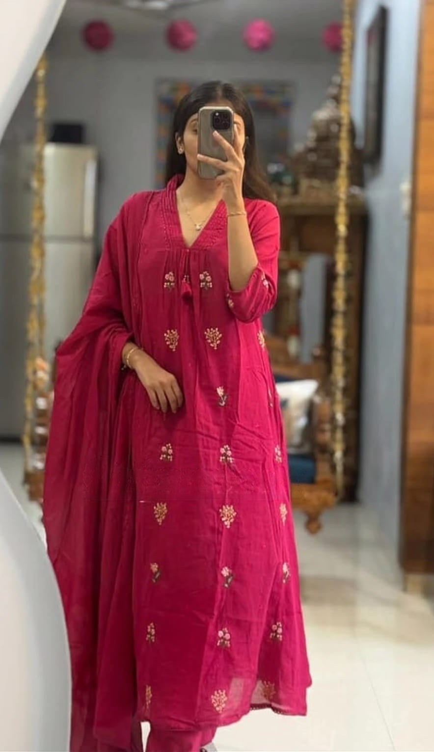 Pink Pure Cotton Kurta and Pants with Dupatta