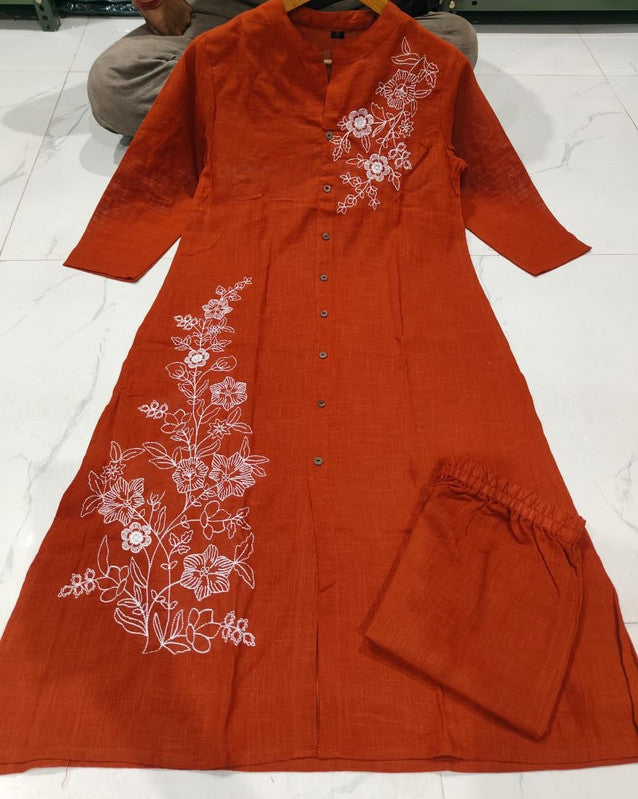 Rust Cotton Kurta with Pant & Dupatta Set For Women
