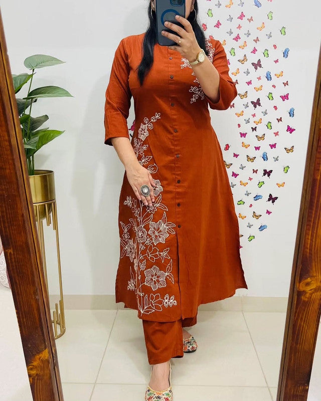 Rust Cotton Kurta with Pant & Dupatta Set For Women