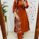Rust Cotton Kurta Set with Pant & Dupatta for Women