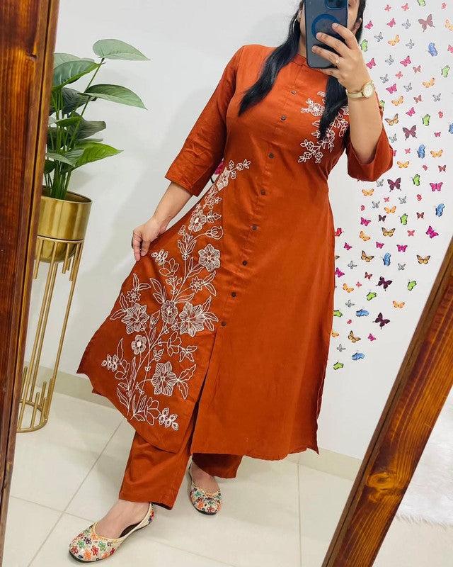 Rust Cotton Kurta with Pant & Dupatta Set For Women