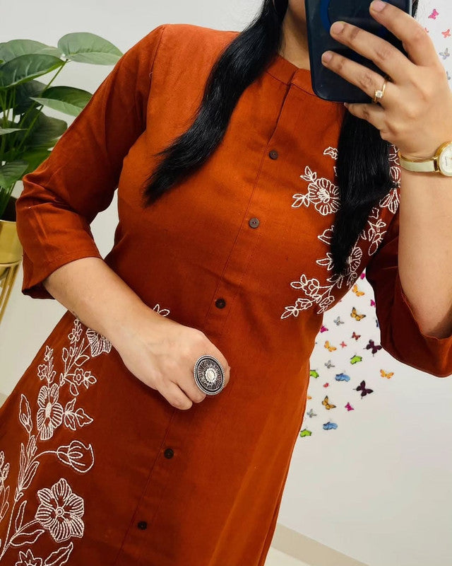 Rust Cotton Kurta with Pant & Dupatta Set For Women