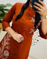Rust Cotton Kurta with Pant & Dupatta Set For Women