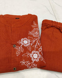 Rust Cotton Kurta with Pant & Dupatta Set For Women