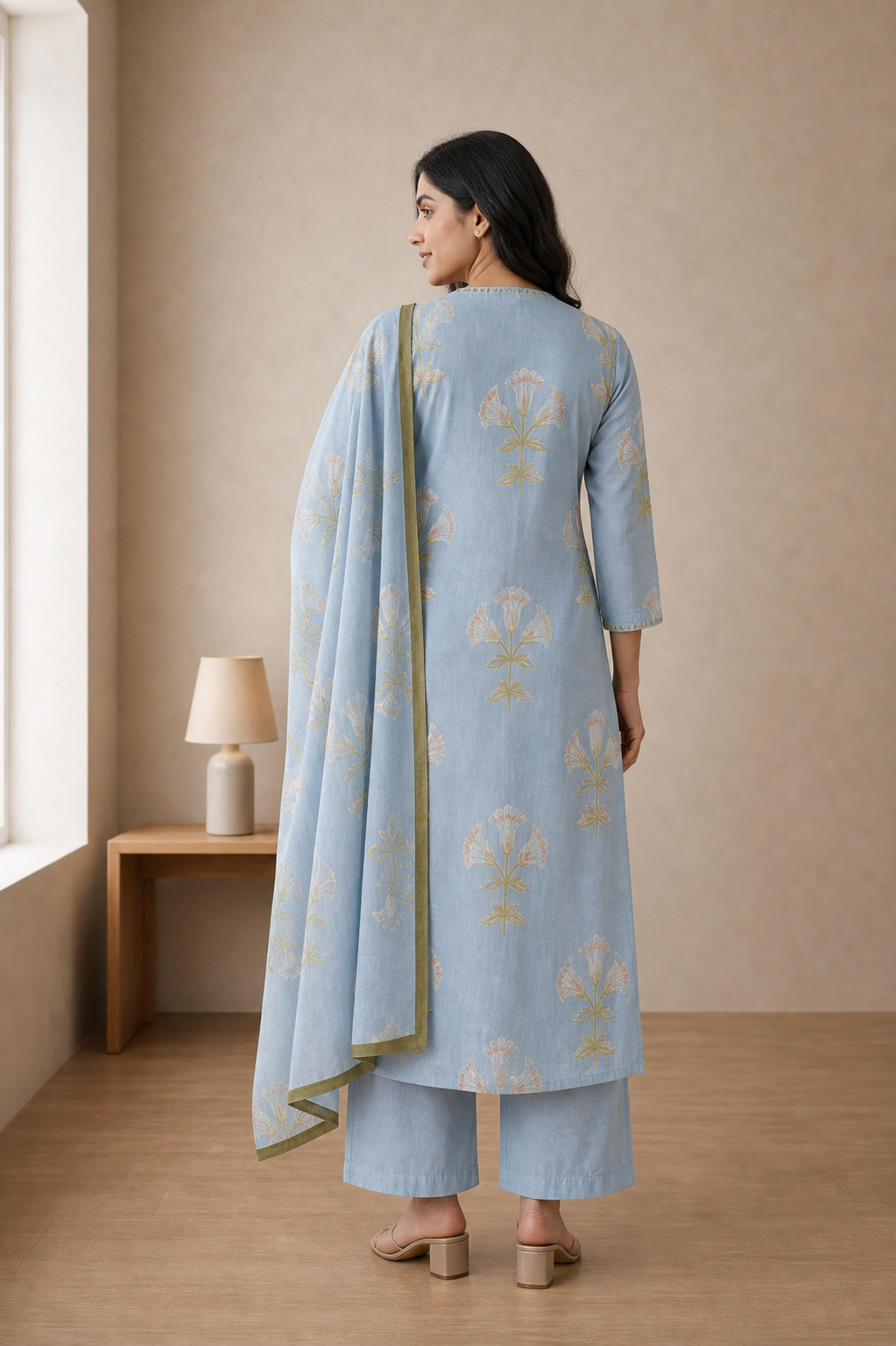 Sky Blue Pure Cotton Kurta and Pants with Dupatta