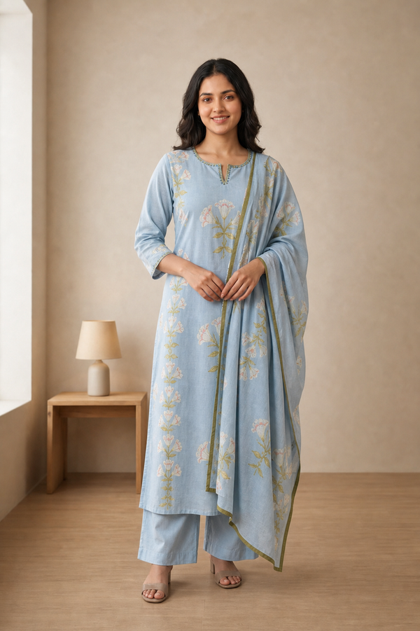 Sky Blue Pure Cotton Kurta and Pants with Dupatta