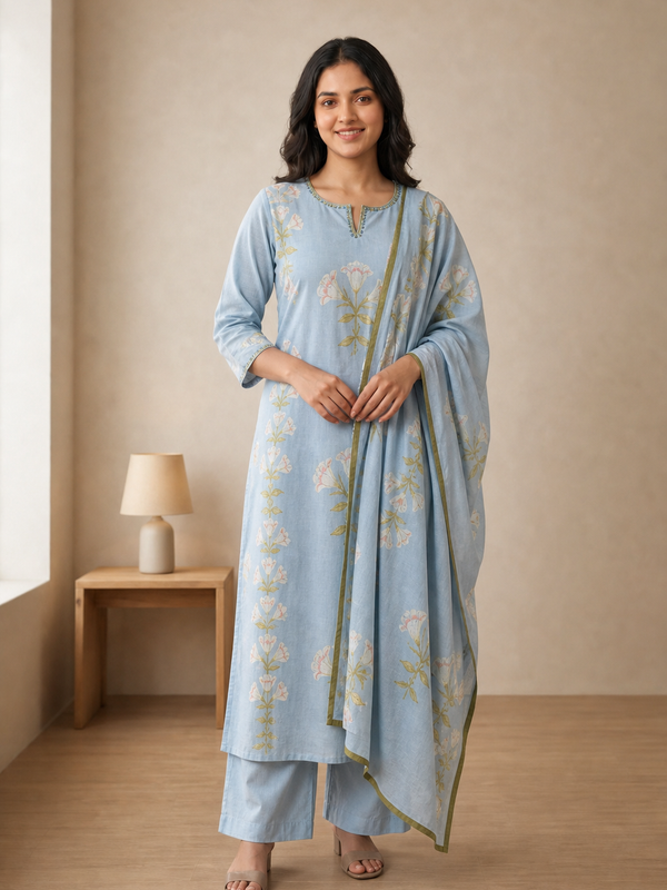 Sky Blue Pure Cotton Kurta and Pants with Dupatta