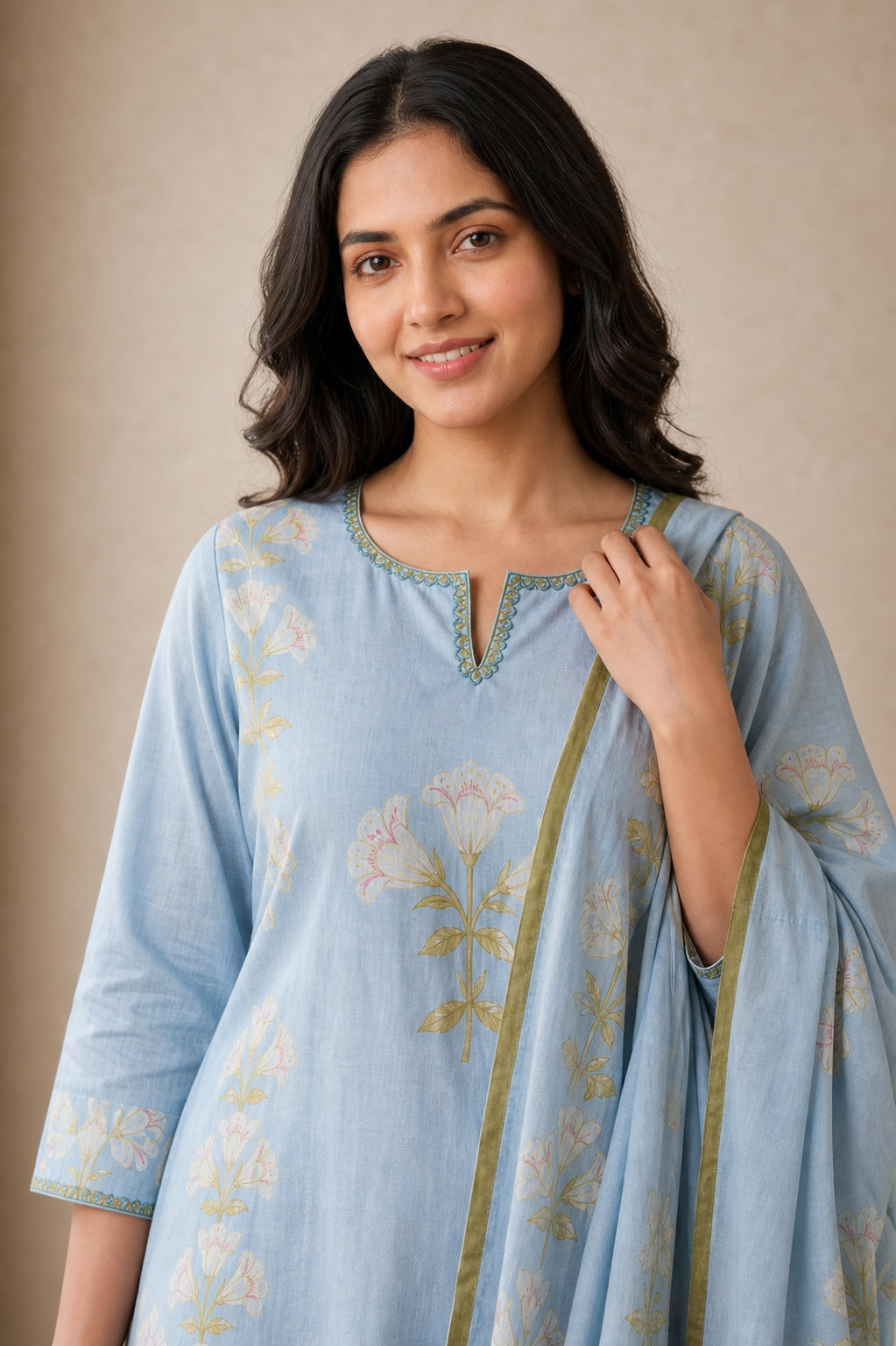 Sky Blue Pure Cotton Kurta and Pants with Dupatta