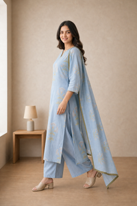 Sky Blue Pure Cotton Kurta and Pants with Dupatta