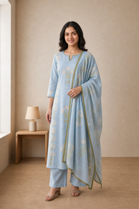 Sky Blue Pure Cotton Kurta and Pants with Dupatta