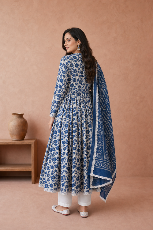 Blue Pure Cotton Kurta and Pants with Dupatta
