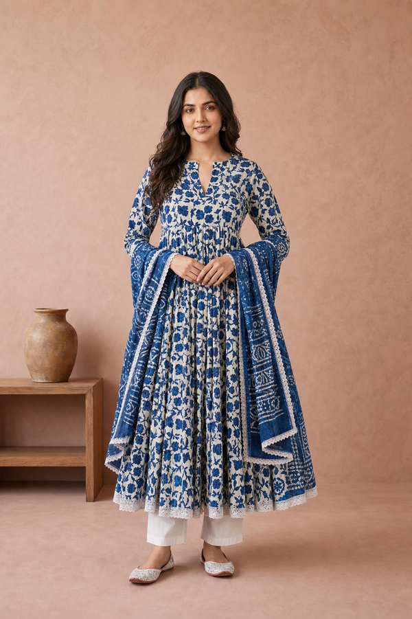 Blue Pure Cotton Kurta and Pants with Dupatta