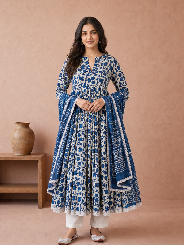 Blue Pure Cotton Kurta and Pants with Dupatta