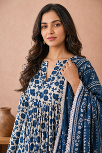 Blue Pure Cotton Kurta and Pants with Dupatta