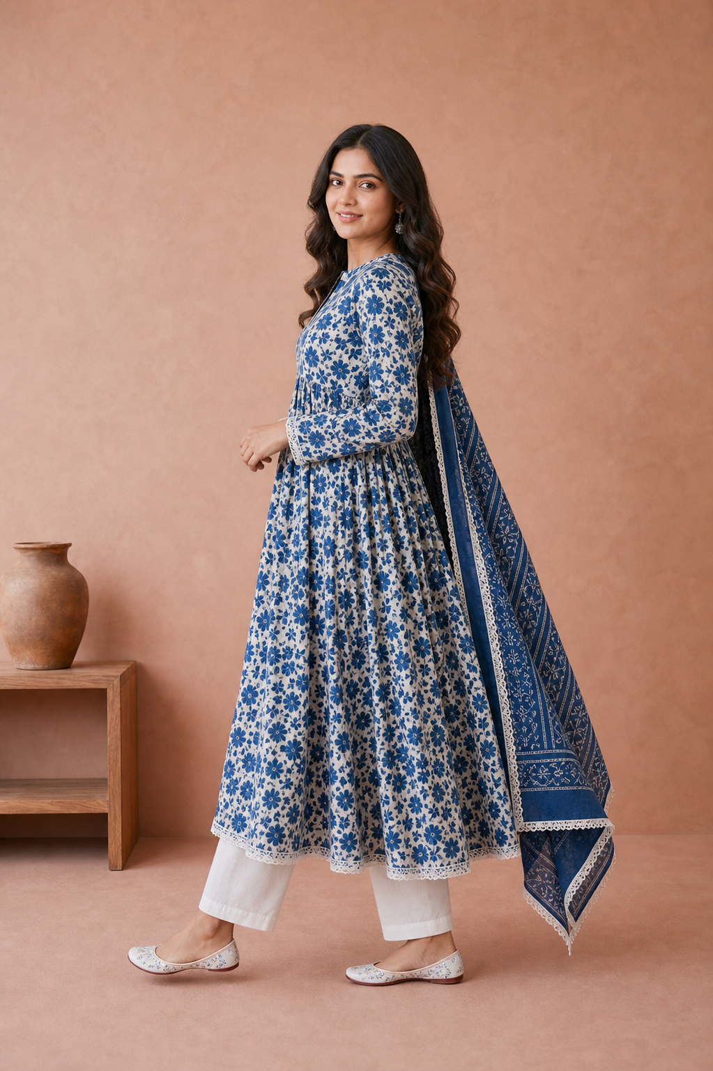 Blue Pure Cotton Kurta and Pants with Dupatta