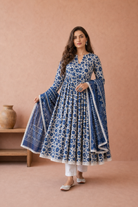 Blue Pure Cotton Kurta and Pants with Dupatta
