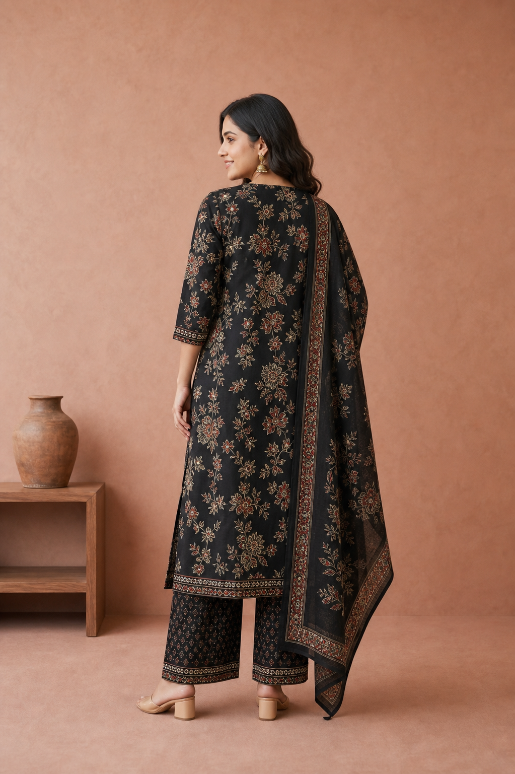 Black Pure Cotton Kurta and Pants with Dupatta