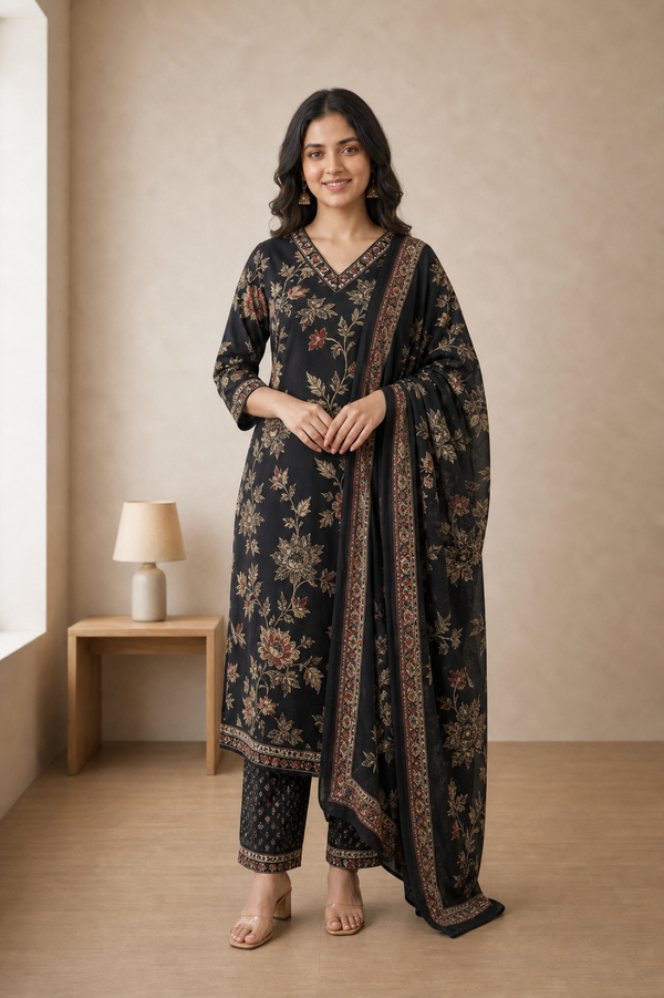 Black Pure Cotton Kurta and Pants with Dupatta